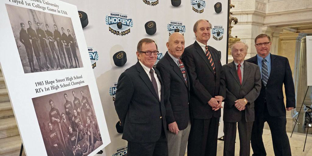 With Vincent Cimini, center, who made the announcement to create the Rhode Island Hockey Hall of Fame, are Bill O’Connor, Mal Goldenberg, Arnie Bailey, and Bob Larence. They are members of the Hall’s board of directors.